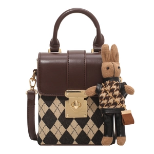 French retro square handbag in brown leather and beige quilted canvas with rabbit charm