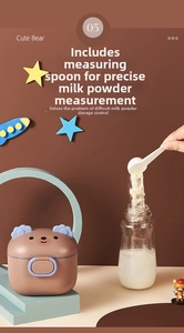 Detail of cute bear milk powder box with a measuring spoon and portable handle