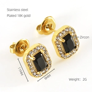 Macro view of 18K gold plated stainless steel stud with black zircon and dimensions
