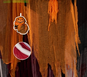 Detail of translucent orange Halloween spooky gauze featuring a torn and distressed design