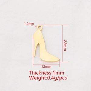 Gold mirror-finished stainless steel high heel pendant with precise dimensions 22x12mm
