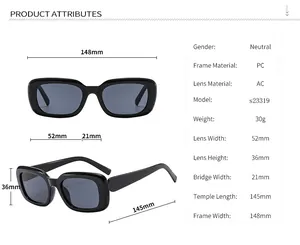 Detailed sizing chart with measurements for square frame UV protection sunglasses