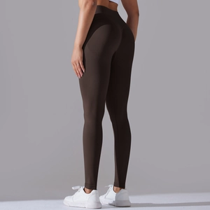Close-up of seamless dark coffee yoga pants featuring high waist and ribbed texture