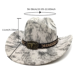 Retro Western cowboy hat with bull head ornament and size specifications in marble grey