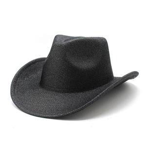 Macro detail of black western cowboy hat featuring shimmering textured fabric and wide brim