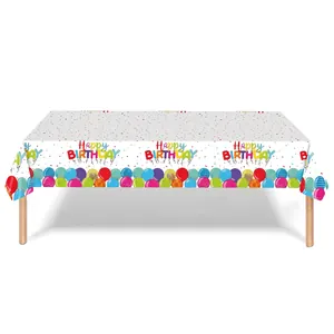 White disposable plastic tablecloth with colorful balloons and Happy Birthday text