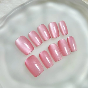 Pink cat-eye handmade press-on nails with velvet shimmer and square-round shape