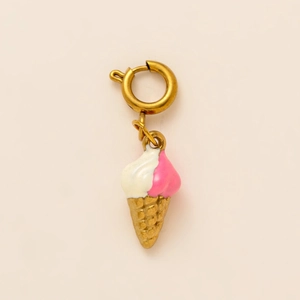 18K vergoldeter Edelstahl-Eiswaffel-Anhänger mit rosa und weißem Emaille-Charm-Design