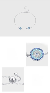 Detailed view of s925 sterling silver evil eye bracelet with hand-set 5A cubic zirconia