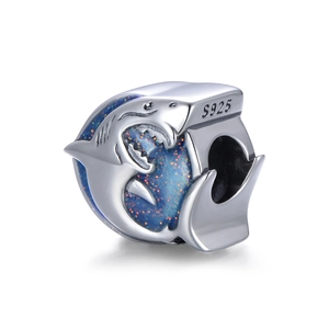 Detail of S925 sterling silver shark charm with blue glitter inlay and S925 hallmark