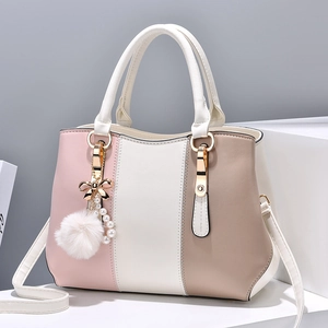 Three-color patchwork leather handbag with pearl charm for women in pink white and brown
