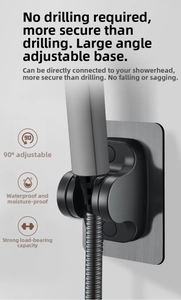 Detail of matte black 90-degree adjustable shower bracket with adhesive backing