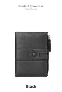 Detailed view of black PU leather wallet with vintage texture and metal zipper closure