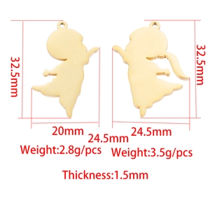 Polished stainless steel boy and girl pendants with dimensions and weight specs