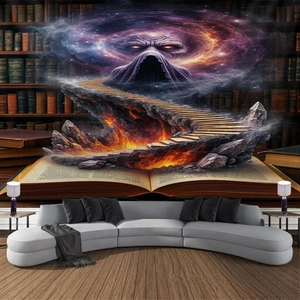 Detailed wall hanging tapestry featuring a magic library and purple nebula scene