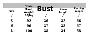 Size chart detail for French style puff sleeve blouse with chest and length measurements