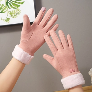 Pink winter thermal gloves for women with touch screen index finger and plush cuffs