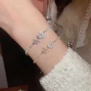 Elegant Heart And Star Charm Bracelet For Women Copper Pave Zircon Adjustable Sliding Bolo Clasp Minimalist Jewelry