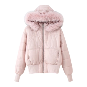 Detailed view of women's pink padded coat with fluffy faux fur hood and glossy finish