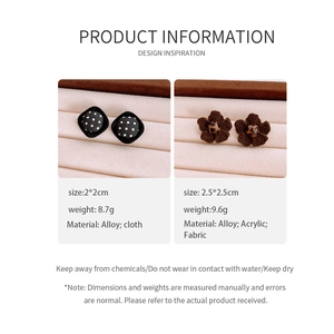 Detailed product card showing fabric rhombus studs and leopard floral earrings with specs