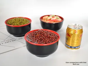 Detailed comparison of red and green bean soup bowl size next to a beverage can