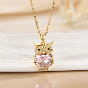 Golden owl necklace with pink heart crystal pendant and sparkling clear stones