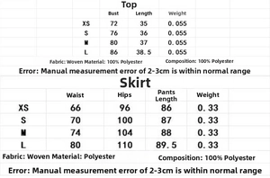 Detailed size chart for striped crop top and midi skirt set including fabric specifications