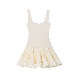 Elegant cream sleeveless mini dress with knit bodice and tiered ruffle skirt detail