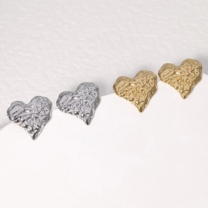 Textured gold and silver heart-shaped stainless steel stud earrings in wrinkled design