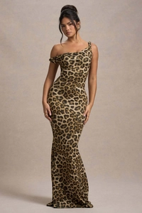 Detail of the elegant leopard print texture and elastic blend fabric on the fitted gown
