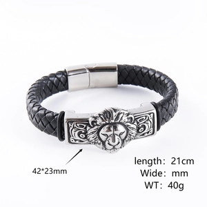 Men's punk lion head braided leather bracelet with magnetic buckle 21cm 40g