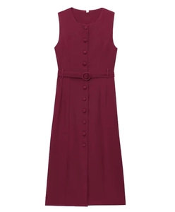 Detailed flat lay of sleeveless wine red midi dress with button front and matching belt