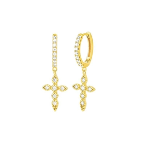 Elegant gold S925 silver cross drop earrings with sparkling pavé zircons for women
