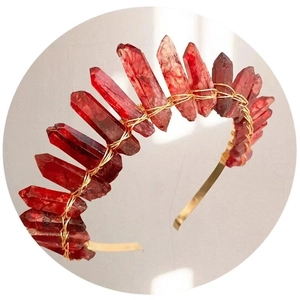 Handmade crown headband with red raw crystal quartz wrapped in gold wire for wedding bridal