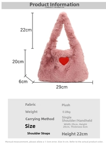Size chart showing dimensions for pink plush heart tote bag with measurements table