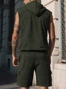 Rear view of men's sleeveless hooded tracksuit in olive green with a vintage washed texture