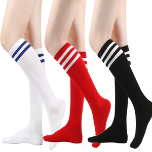 Three pairs of striped knee-high socks in white, red, and black, JK academy style