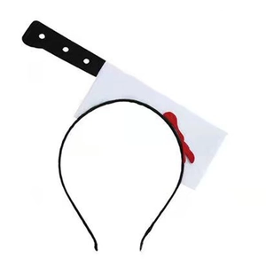 Detailed view of Halloween headband featuring creative horror bloody knife through head design