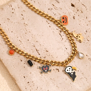 Halloween Enamel Crystal Charm Necklace 18K Gold Plated Stainless Steel Cuban Chain With Ghost Pumpkin Pendant For Women