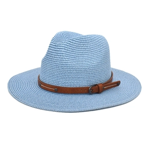 Detailed view of light blue straw fedora with brown leather band and metallic buckle