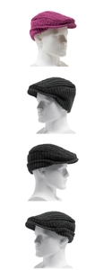 Detailed close-up of knit beret caps in four colors featuring ear protection and thick wool