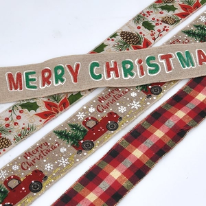 Christmas plaid linen ribbons with wired edges featuring truck and snowflake patterns