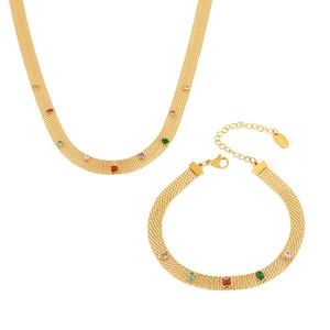 Golden stainless steel jewelry set with colorful zircon mesh chain necklace and bracelet