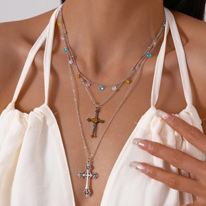 Vintage Layered Cross Pendant Necklace With Alloy Rhinestone And Colorful Beads Gothic Aesthetic Jewelry For Women