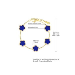 Detailed dimensions of blue acrylic flower bracelet with stainless steel gold plating