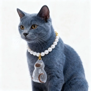 Elegante Katzen-Perlenkette mit transparentem Anhänger und goldenen Verschlüssen