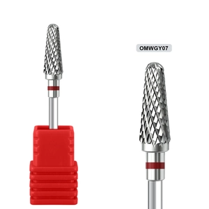 Macro detail of tungsten steel nail drill bit with cross-cut teeth and red base