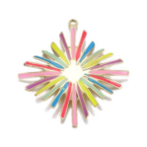 Detailed view of colorful enamel gold sun pendant with radiant starburst design