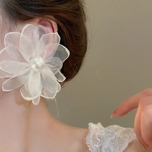 Detail of white mesh flower earring with pearl center worn on a female model