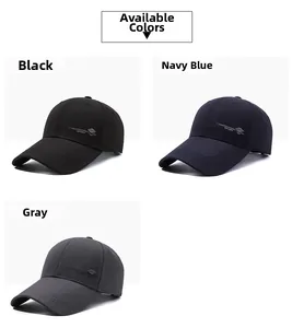 Detailed view of casual sport baseball caps in black, navy blue and grey colors
